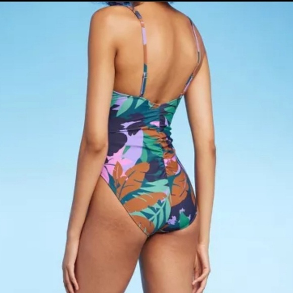 New Shade & Shore Plunge One Piece High Leg Swimsuit Floral Tropical Print - Picture 2 of 14